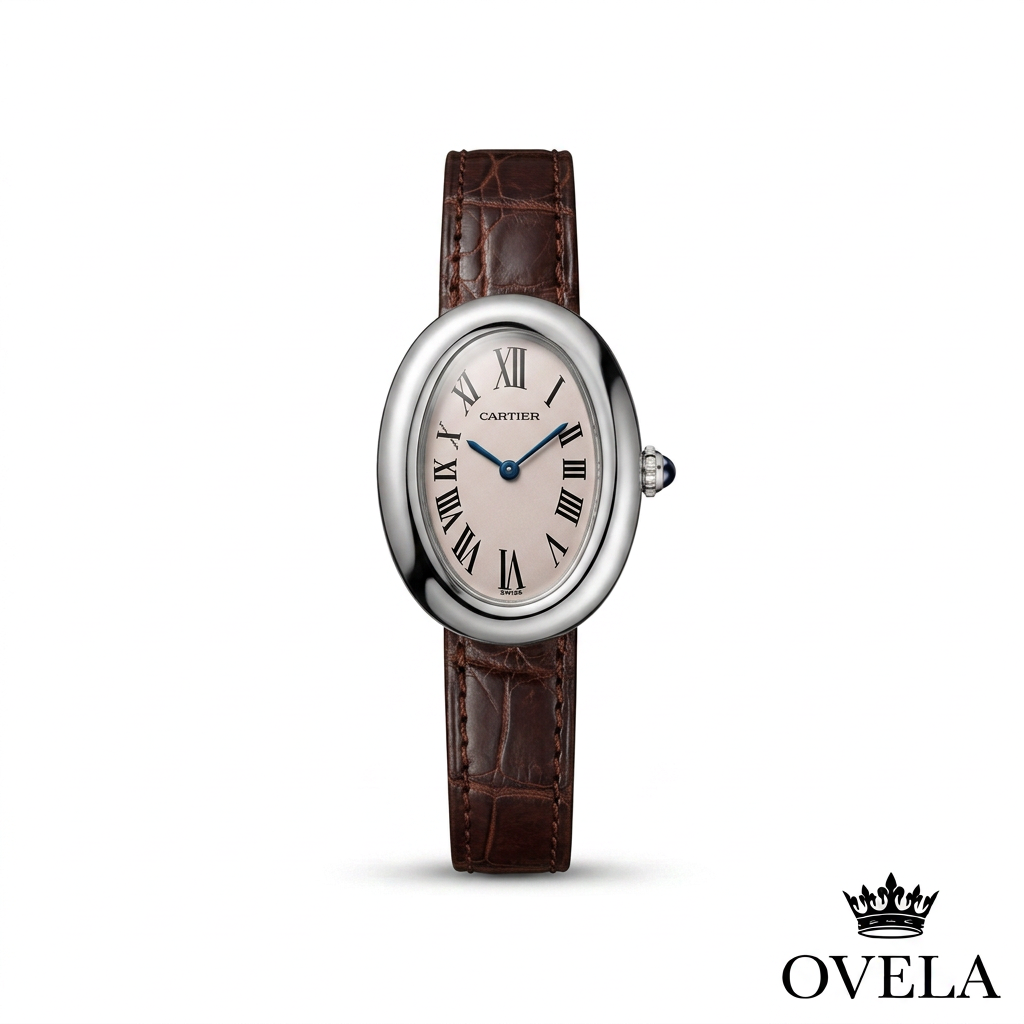 Couverture OVELA, montre ovale argentée à bracelet brun