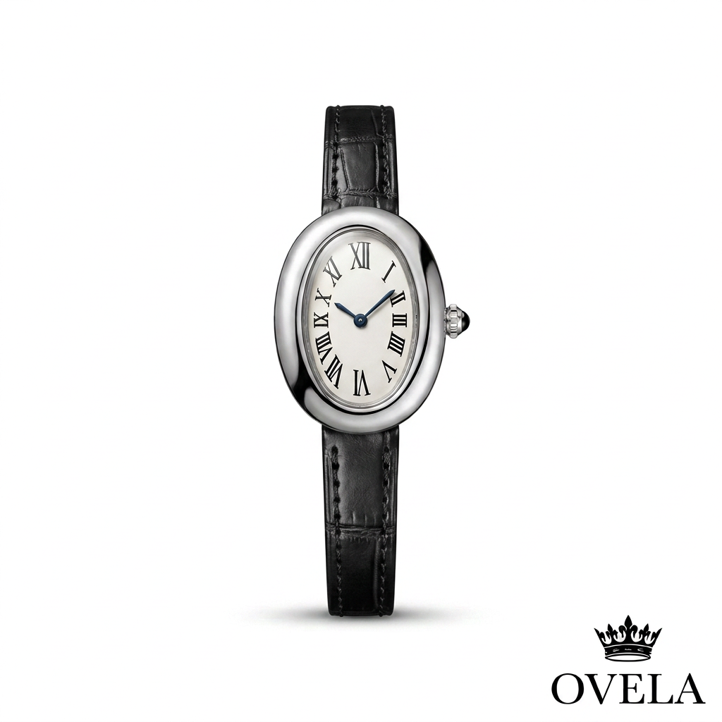 Couverture OVELA, montre ovale argentée à bracelet noir