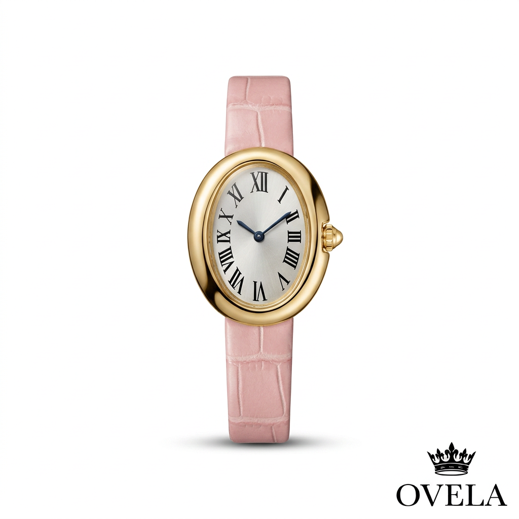 Couverture OVELA, montre ovale dorée à bracelet rose