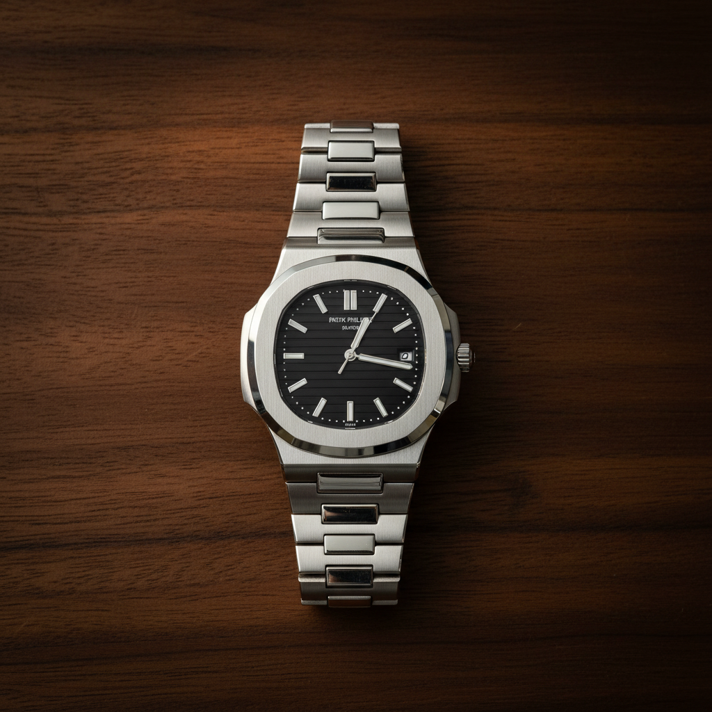 Patek Philippe Nautilus flat lay bois