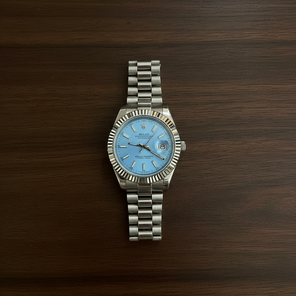 Rolex Datejust bleu ciel flat lay bois