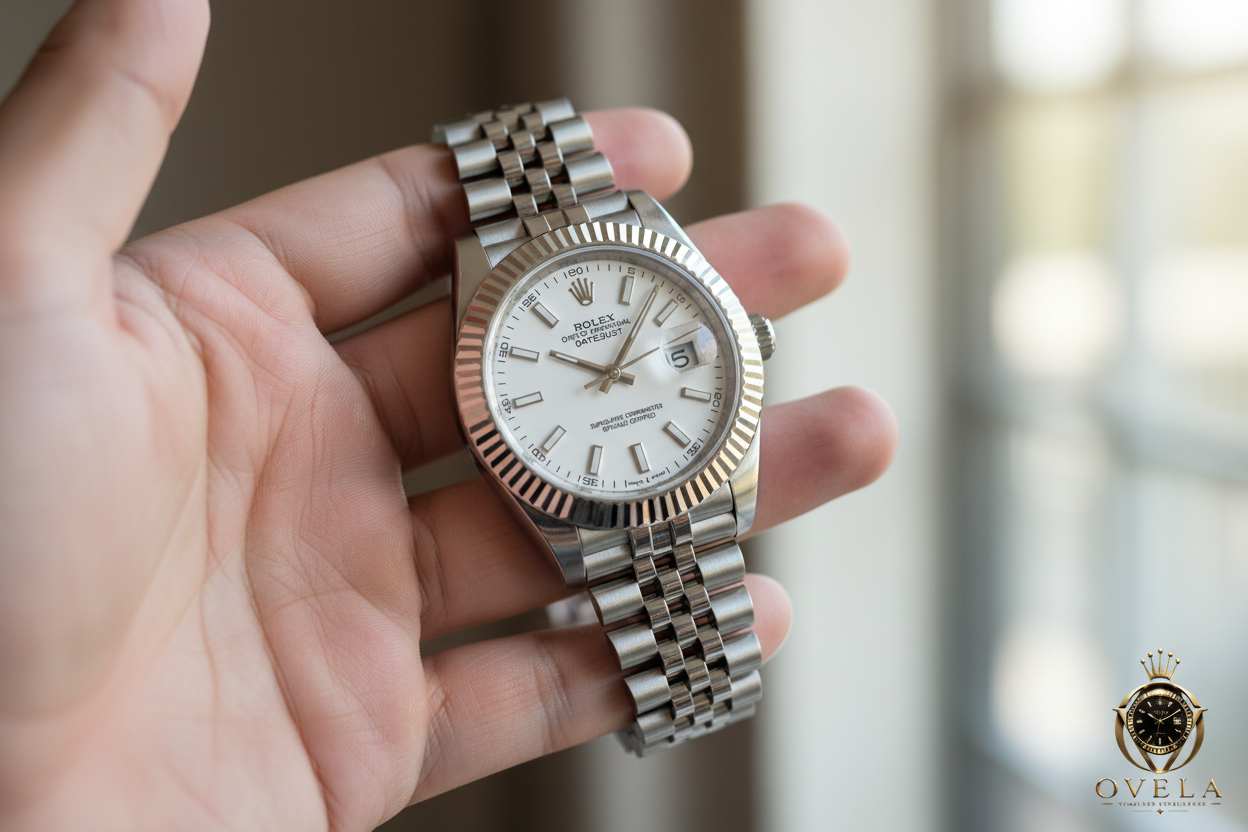 Rolex Datejust Acier Blanc - En main angle 3/4