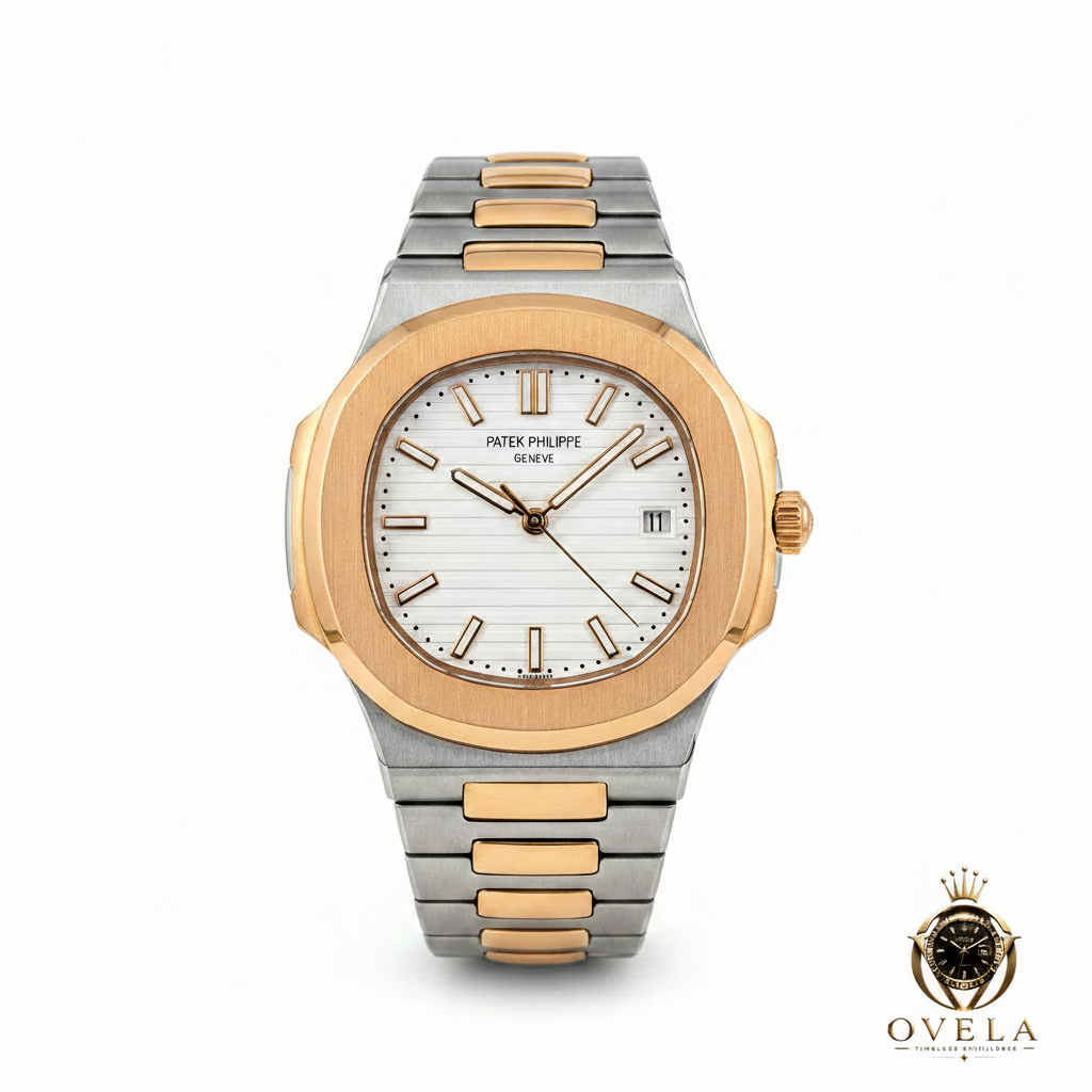 Patek Philippe Nautilus Bicolore - Fond blanc avec logo OVELA
