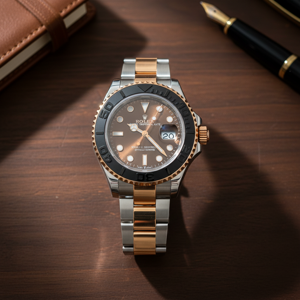 Rolex Yacht-Master flat lay bois foncé