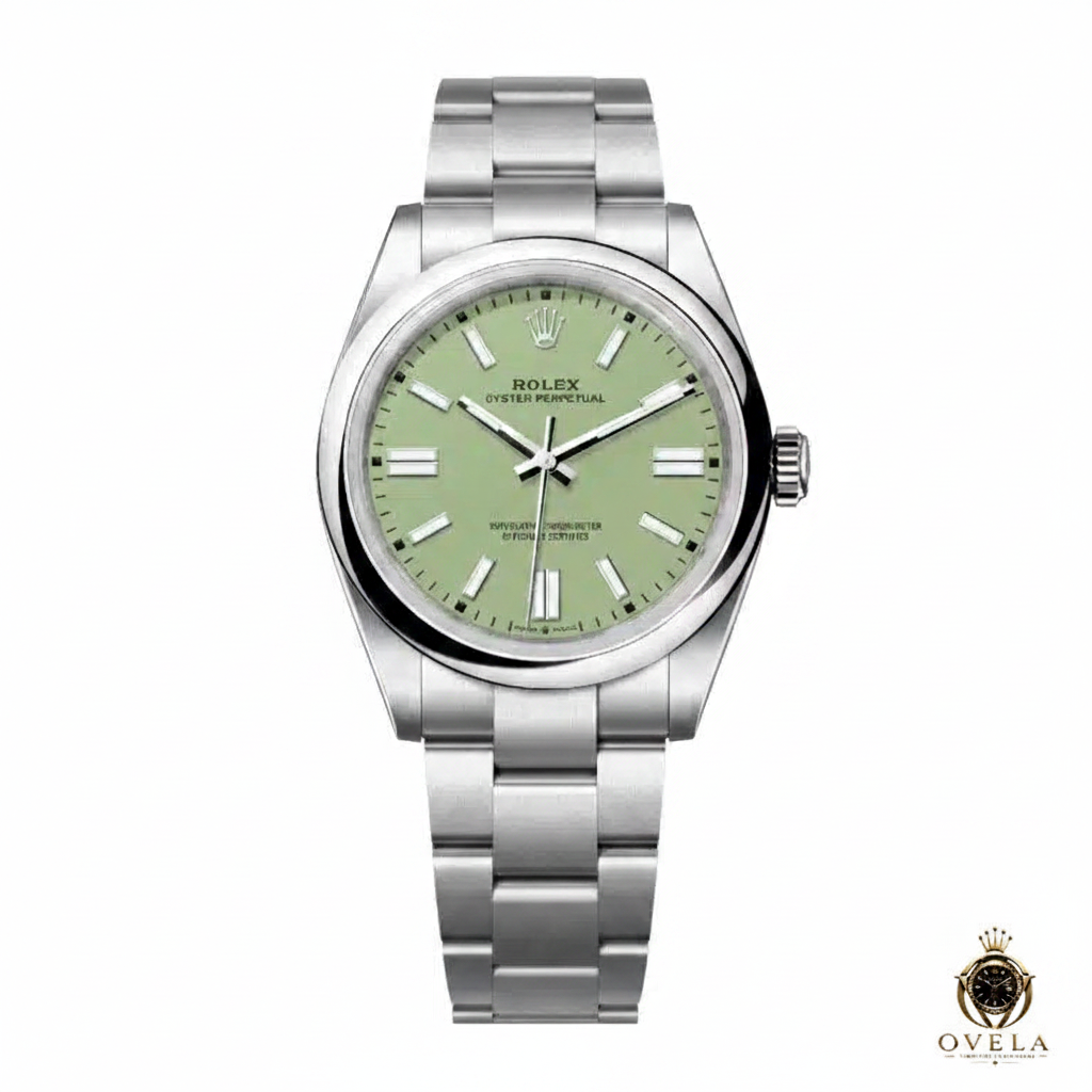 Rolex Oyster Perpetual Vert Pistache - Fond blanc avec logo OVELA