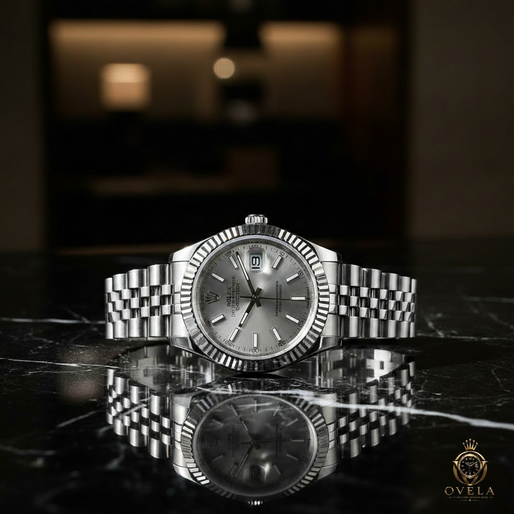 Rolex Datejust Argenté - Marbre noir avec logo OVELA