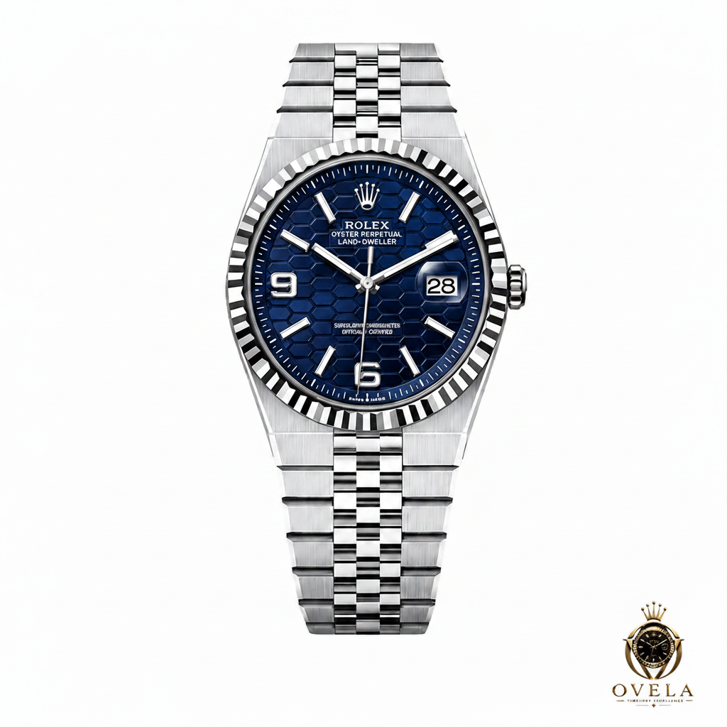 Rolex Land-Dweller Bleu - Fond blanc avec logo OVELA