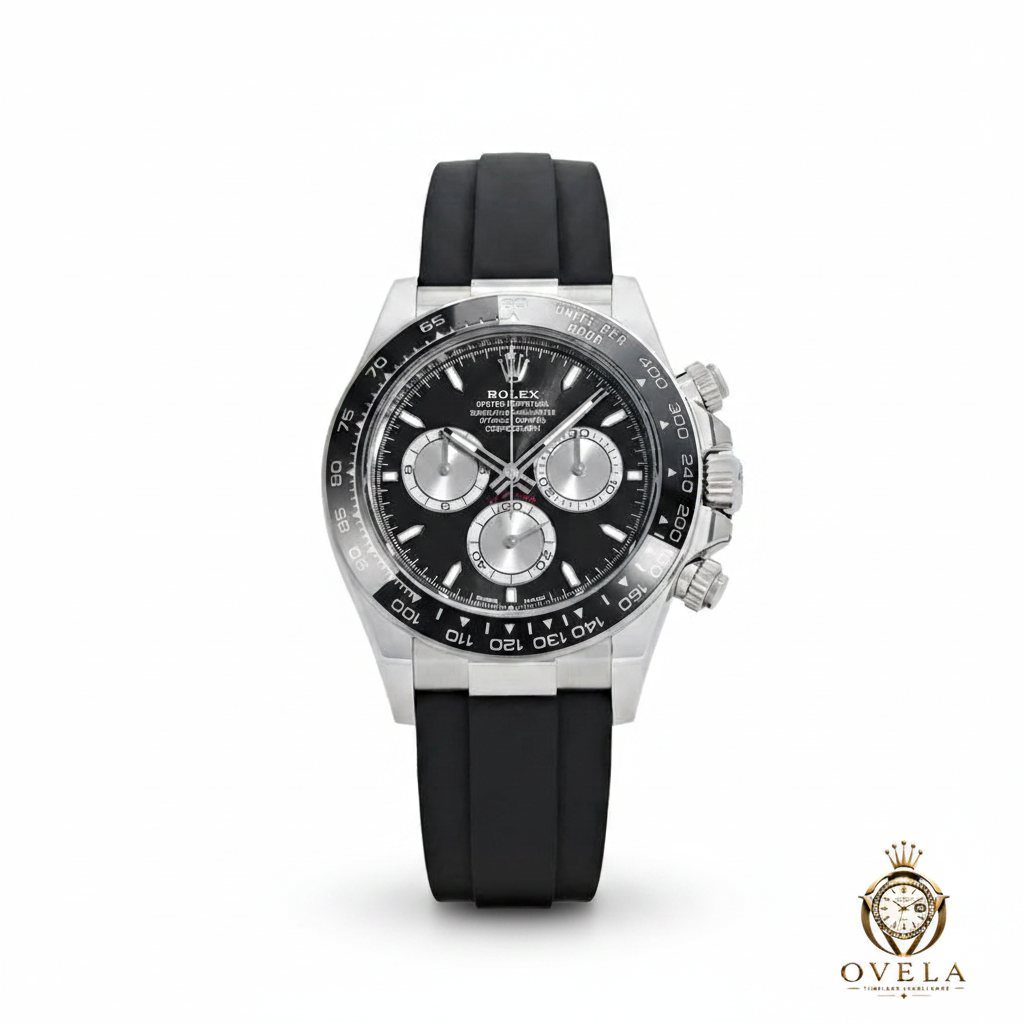 Rolex Daytona Or Blanc - Fond blanc avec logo OVELA