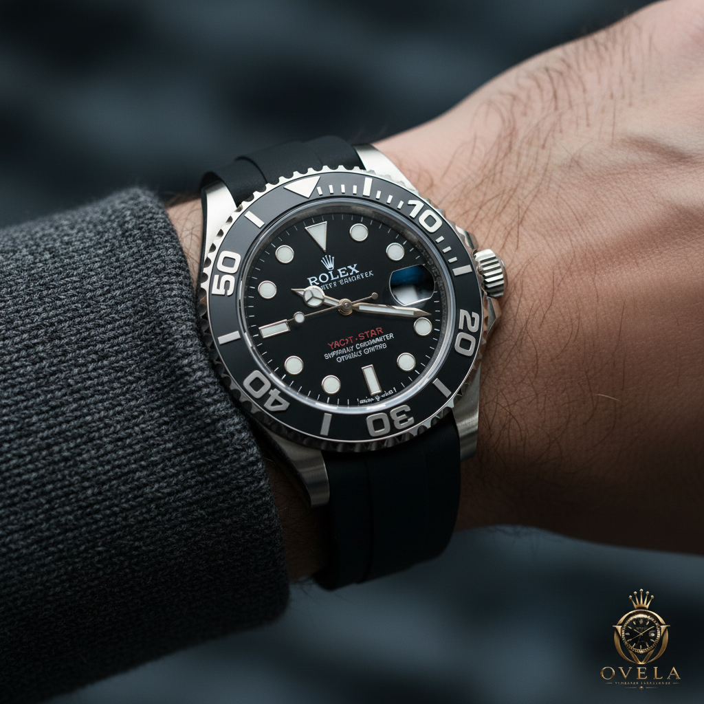 Rolex Yacht-Master Or Blanc - Poignet pull gris avec logo OVELA