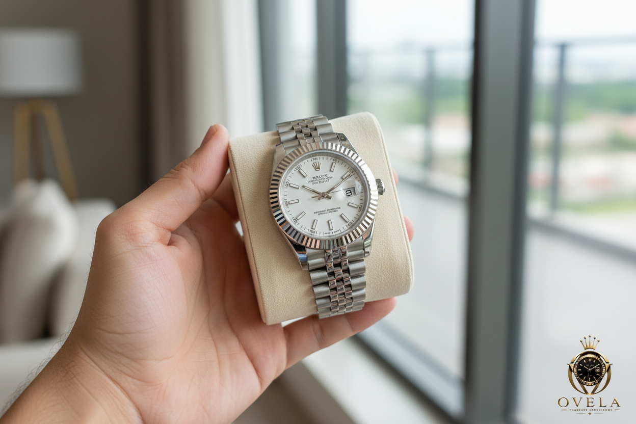 Rolex Datejust Acier Blanc - En main près de la fenêtre