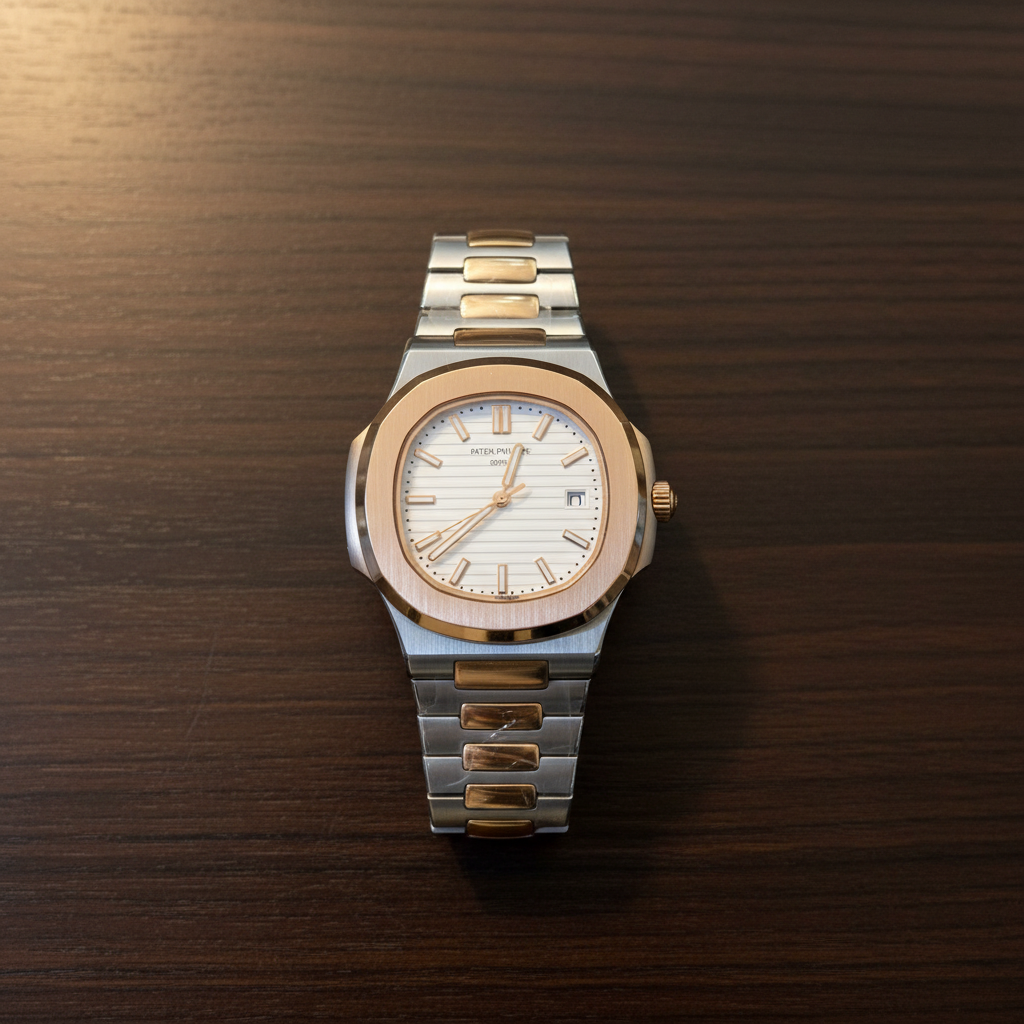 Patek Philippe Nautilus bicolore flat lay bois