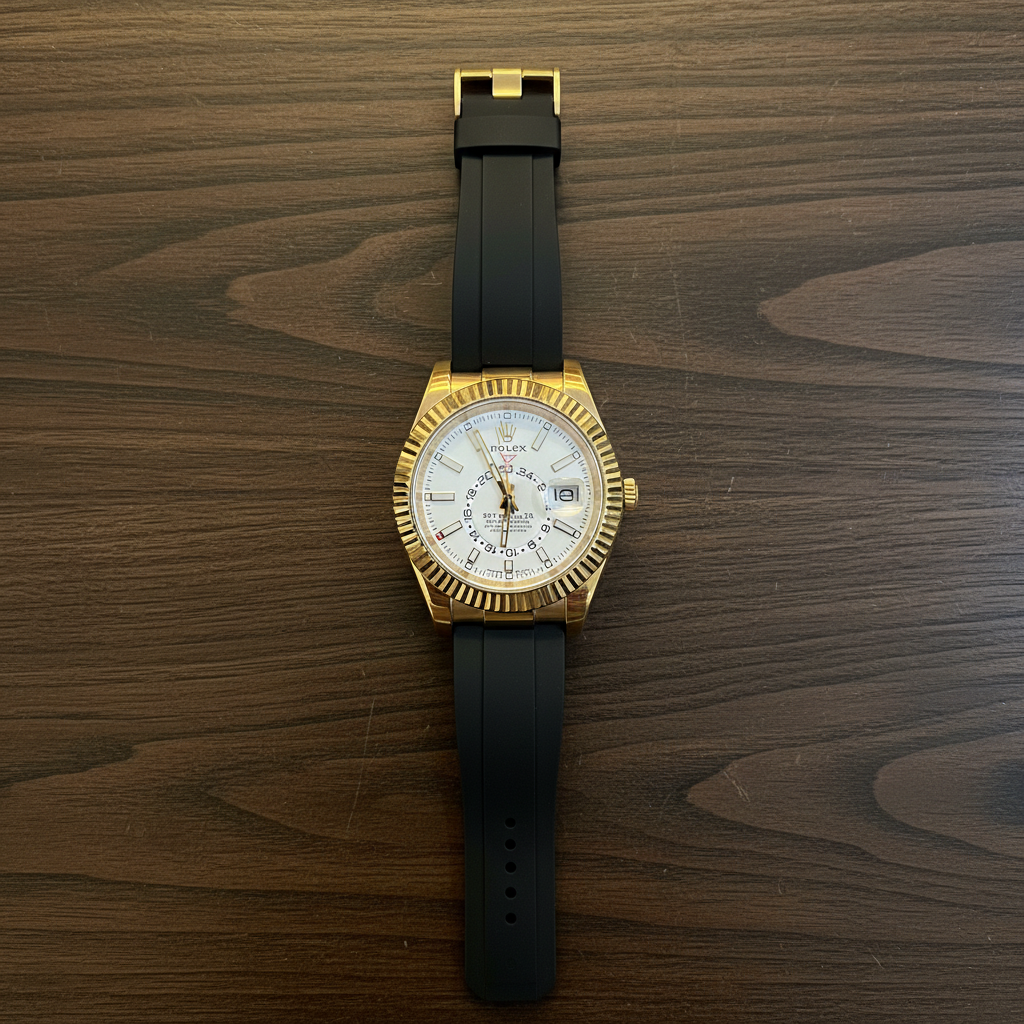 Rolex Sky-Dweller or jaune flat lay bois