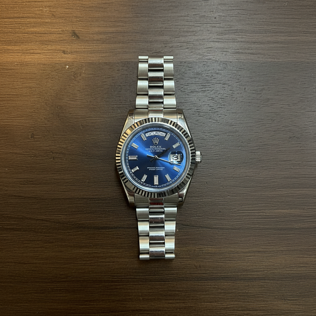 Rolex Day-Date bleu flat lay bois