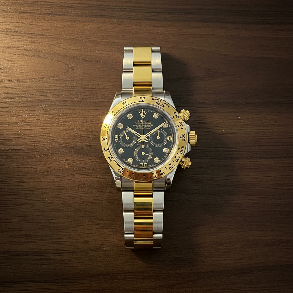 Rolex Daytona flat lay bois