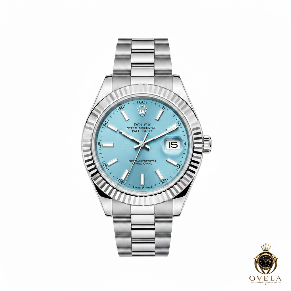 Rolex Datejust Bleu Ciel - Fond blanc avec logo OVELA