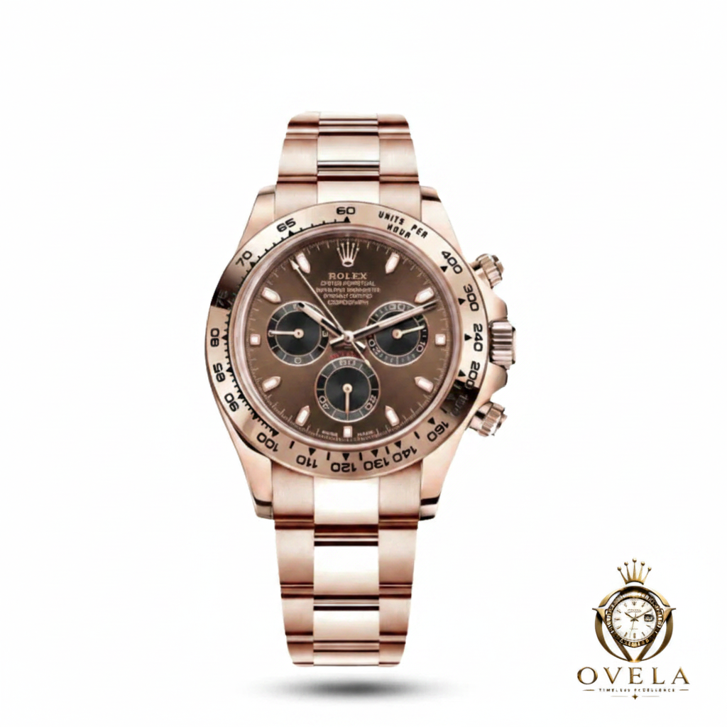 Rolex Daytona Choco Or Rose - Fond blanc avec logo OVELA