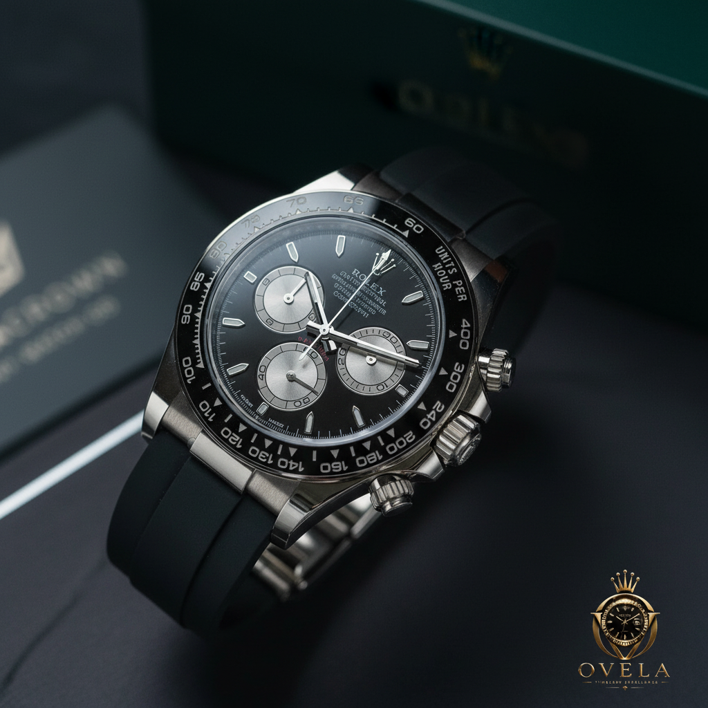 Rolex Daytona Or Blanc - Fond sombre avec logo OVELA
