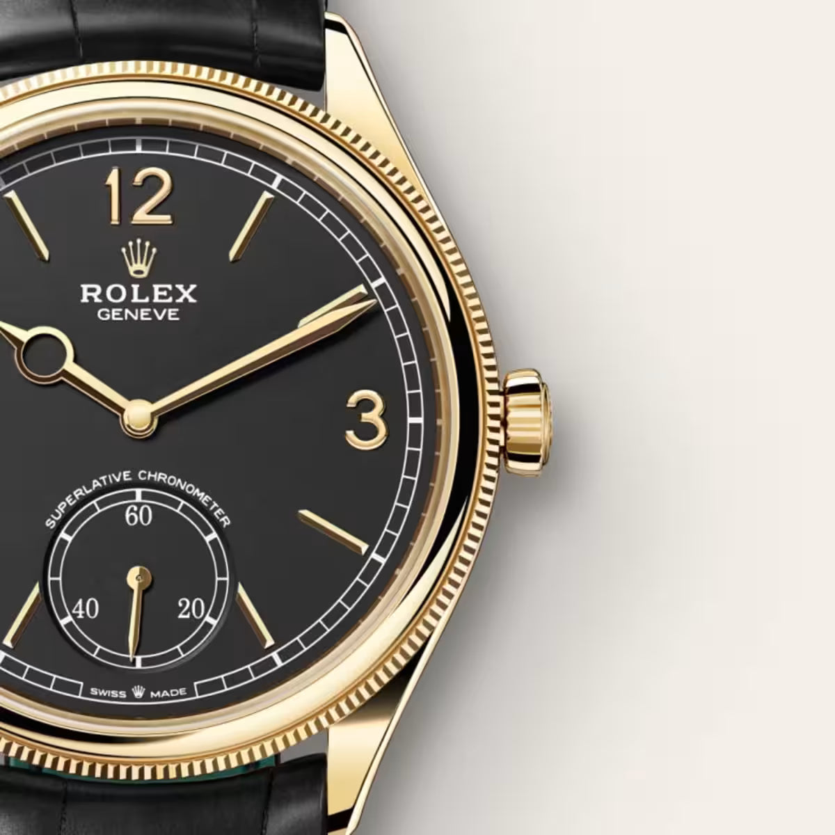 Rolex 1908, 39 mm, 18 ct yellow gold, polished finish, M52508-0002 ceinture noir