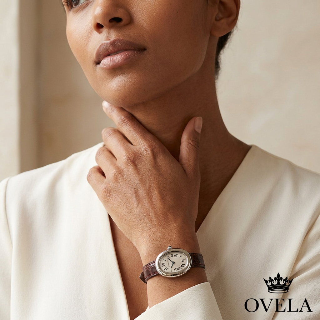 Petite montre OVELA au poignet, main à la base du cou