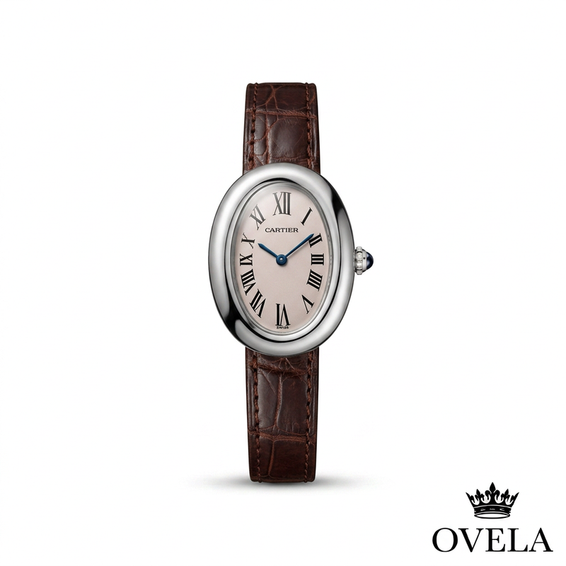 Couverture OVELA, montre ovale argentée à bracelet brun