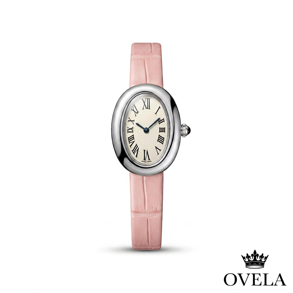 Couverture OVELA, montre ovale argentée à bracelet rose