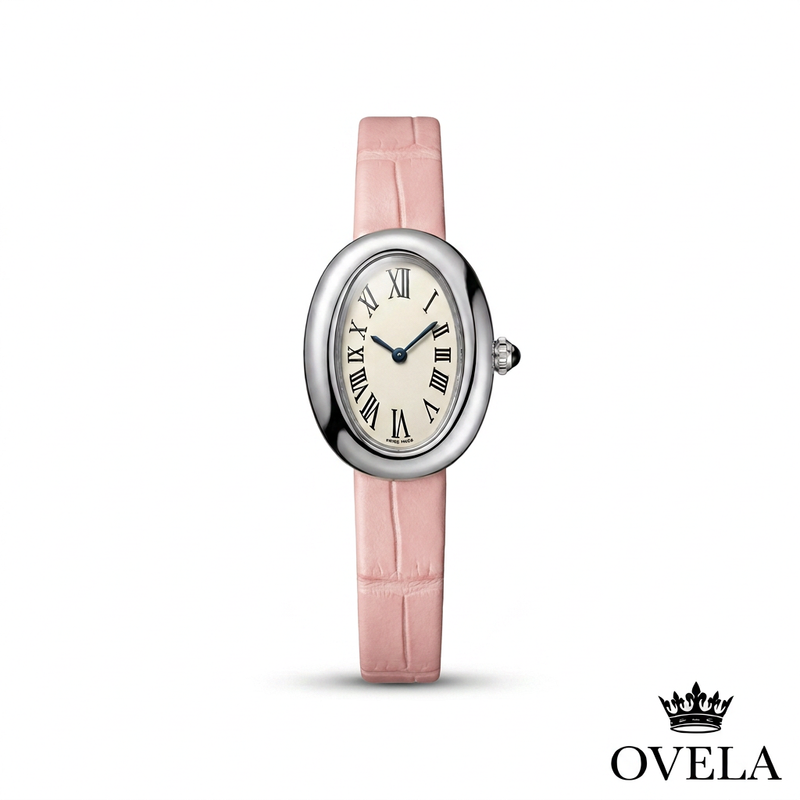 Couverture OVELA, montre ovale argentée à bracelet rose