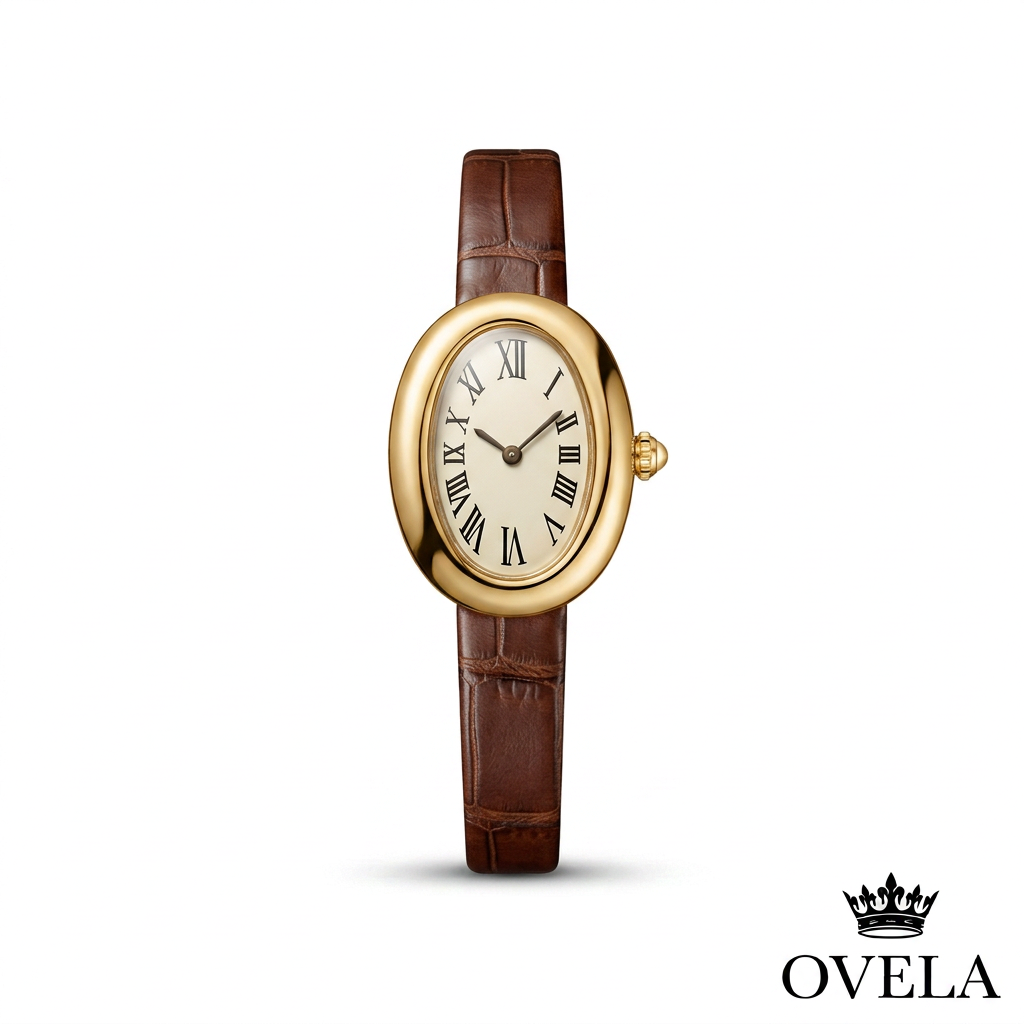 Couverture OVELA, montre ovale dorée à bracelet brun