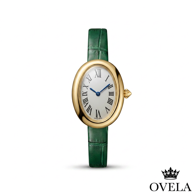 Couverture OVELA, montre ovale dorée à bracelet vert
