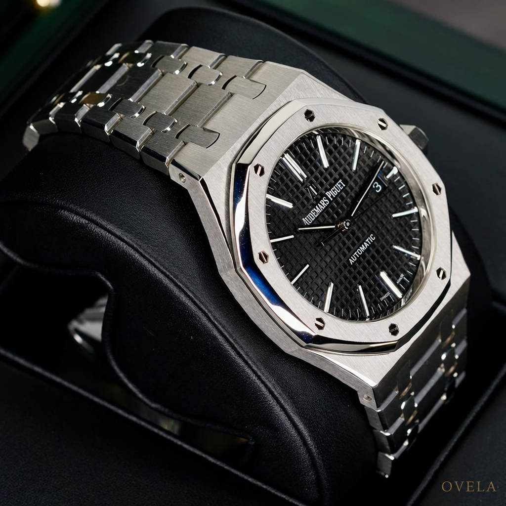 Audemars Piguet Royal Oak – Full Acier Oystersteel, Cadran Noir Tapisserie, Date