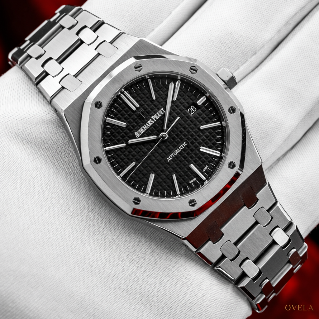 Audemars Piguet Royal Oak – Full Acier Oystersteel, Cadran Noir Tapisserie, Date