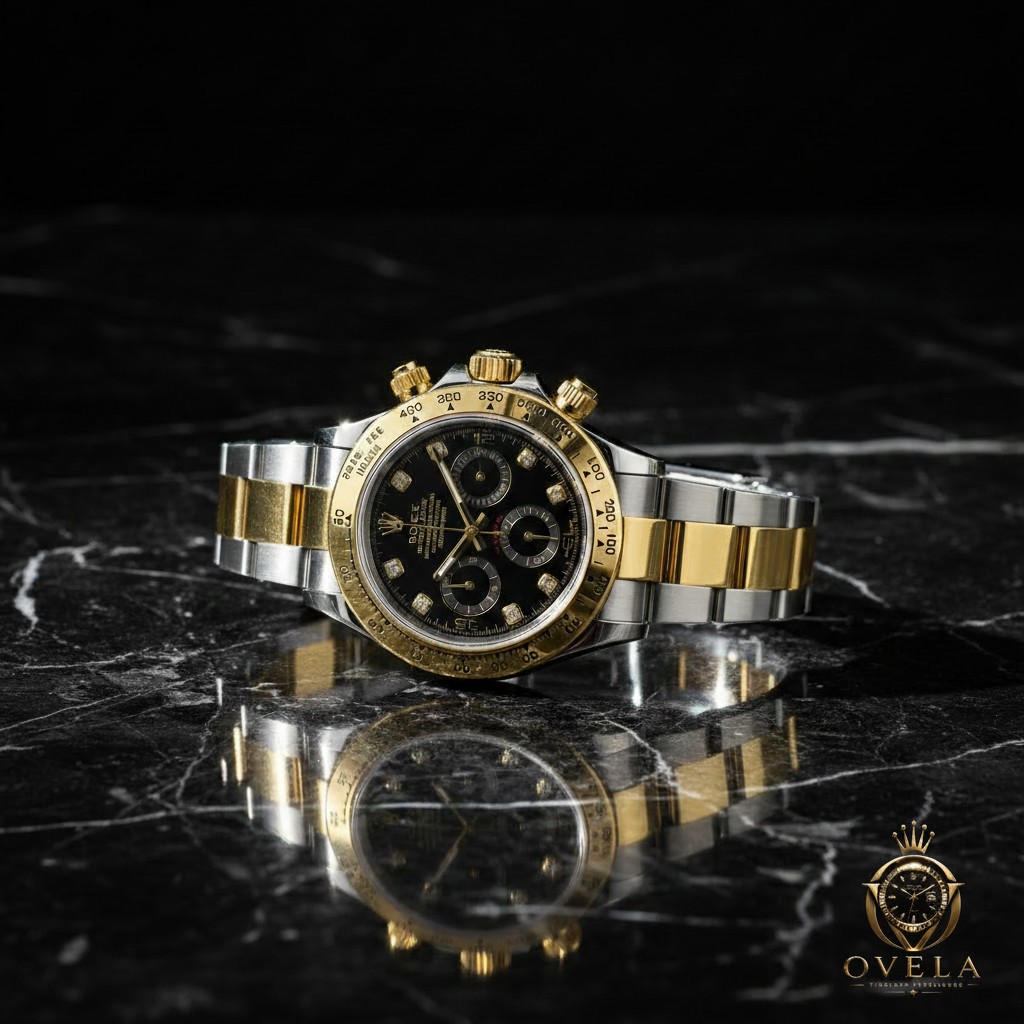 Rolex Daytona Bicolore Noir Diamants - Marbre noir avec logo OVELA