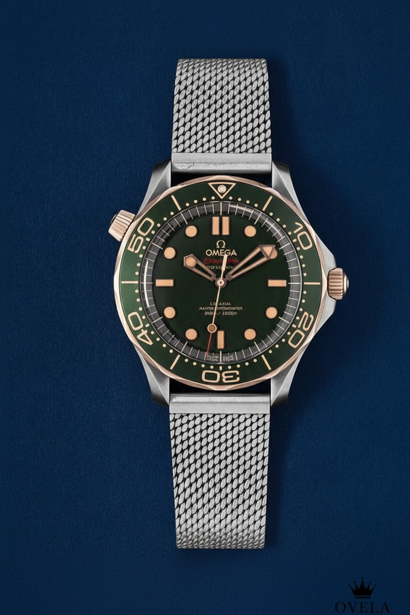 Montre Omega Seamaster verte avec logo OVELA sur fond bleu
