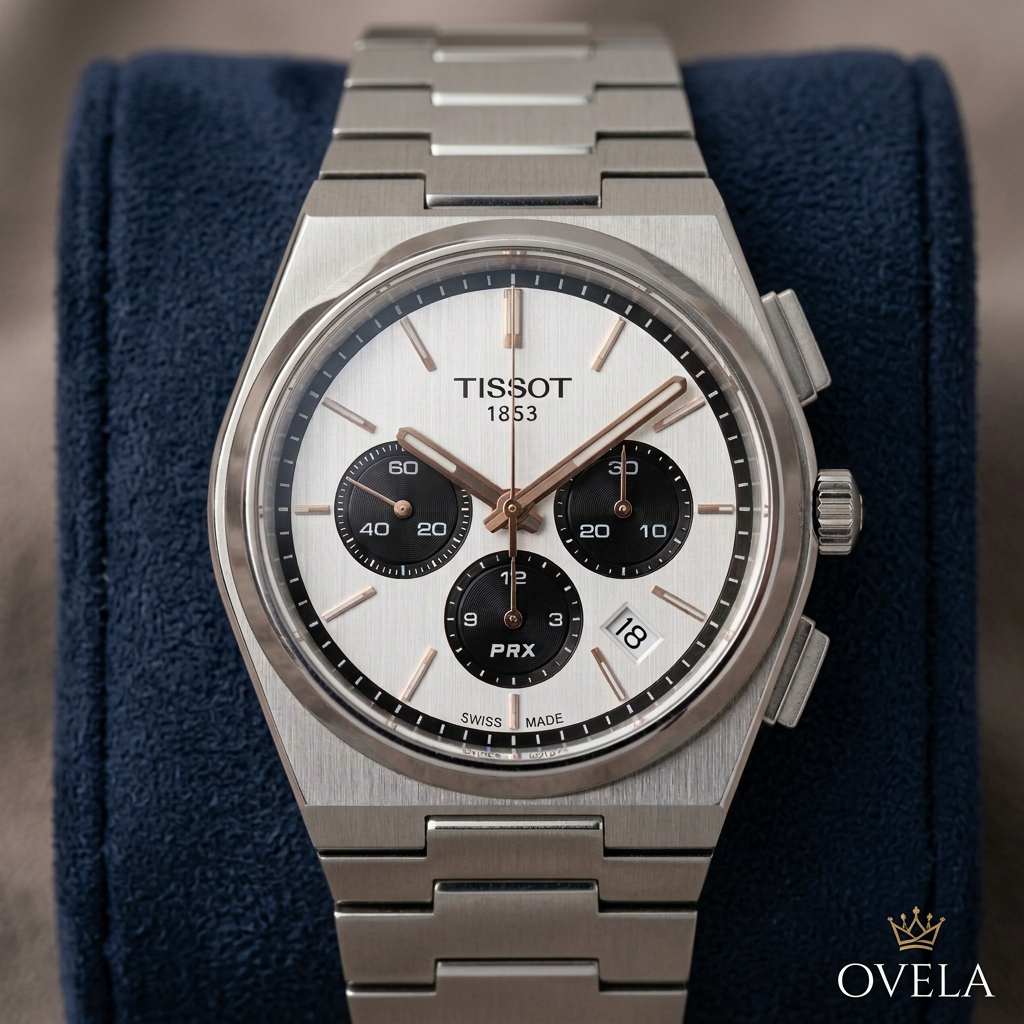 Montre sur coussin bleu nuit avec logo OVELA