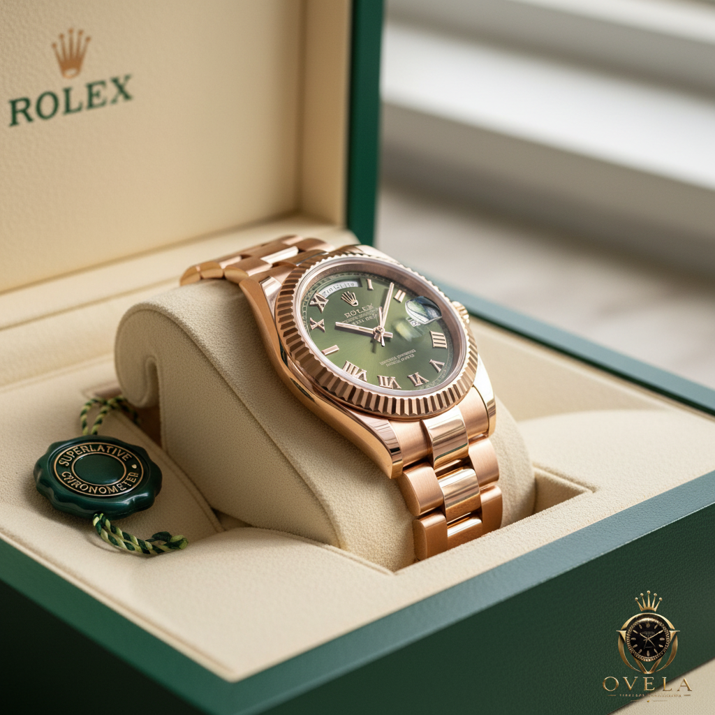 Rolex Day-Date Vert Olive - Boîte côté avec logo OVELA