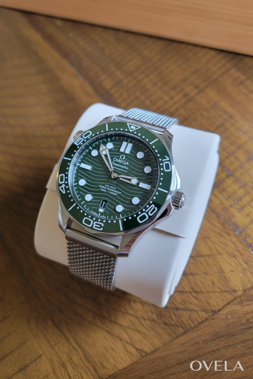 Montre Omega Seamaster verte avec logo OVELA, posée sur une table en bois