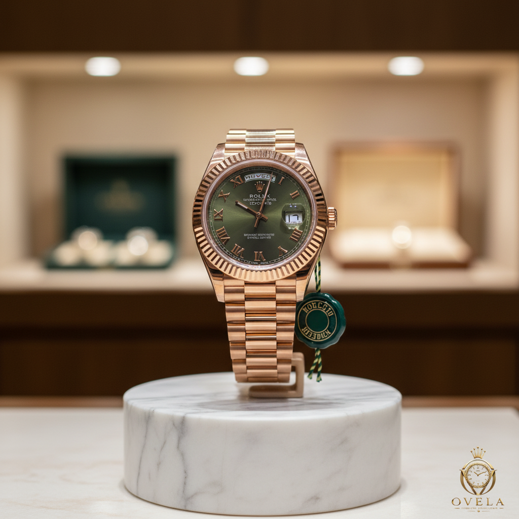 Rolex Day-Date Vert Olive - Socle boutique avec logo OVELA