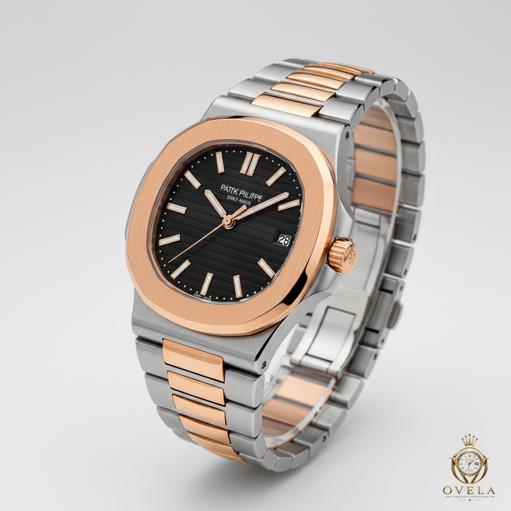 Patek Philippe Nautilus Bicolore - Vue 3/4 avec logo OVELA