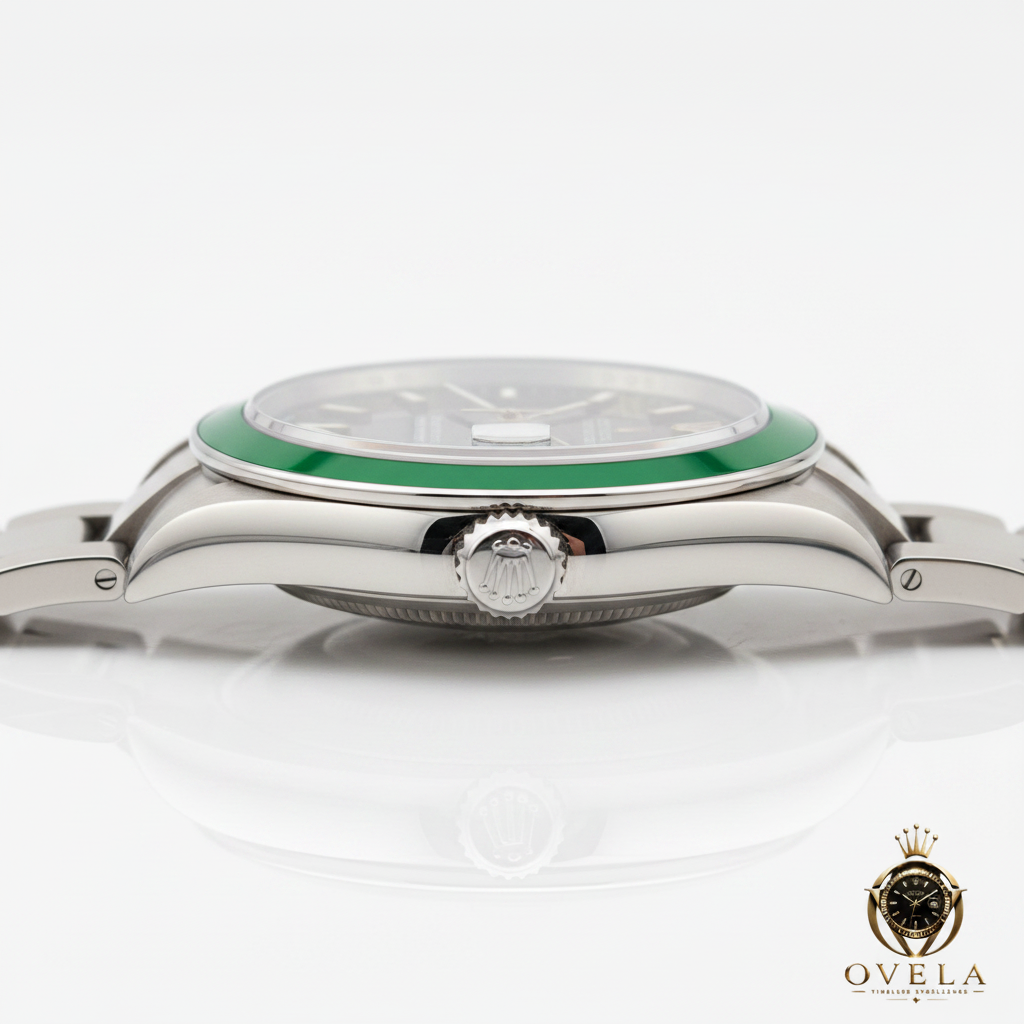 Rolex Milgauss Z-Blue - Profil couronne avec logo OVELA