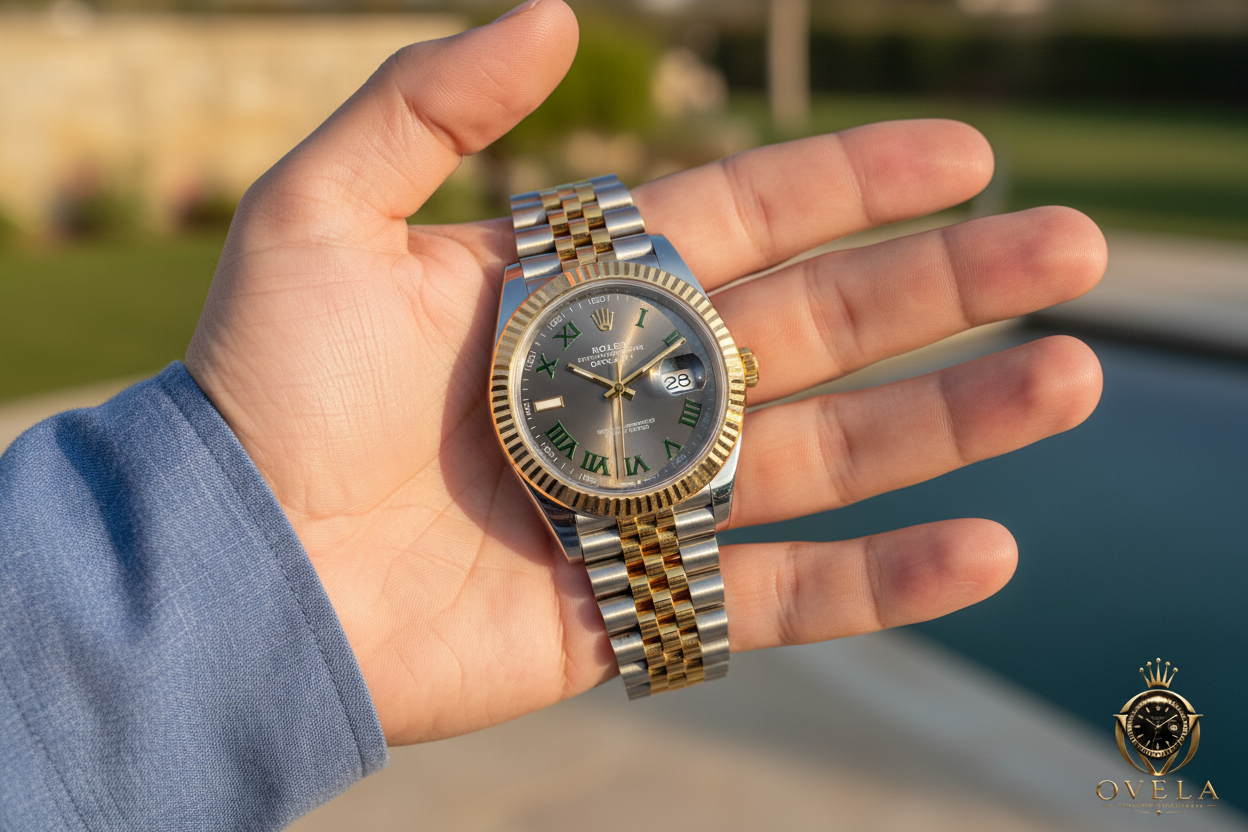 Rolex Datejust Bicolore Wimbledon - En main angle 3/4