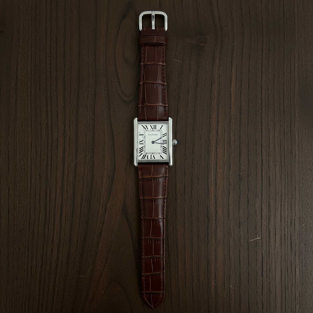Cartier Tank Solo flat lay bois