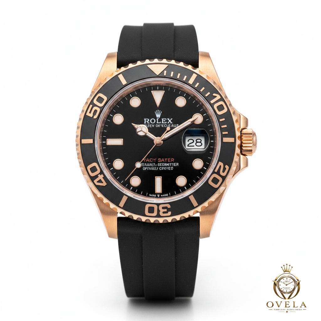 Rolex Yacht-Master Or Rose - Fond blanc avec logo OVELA