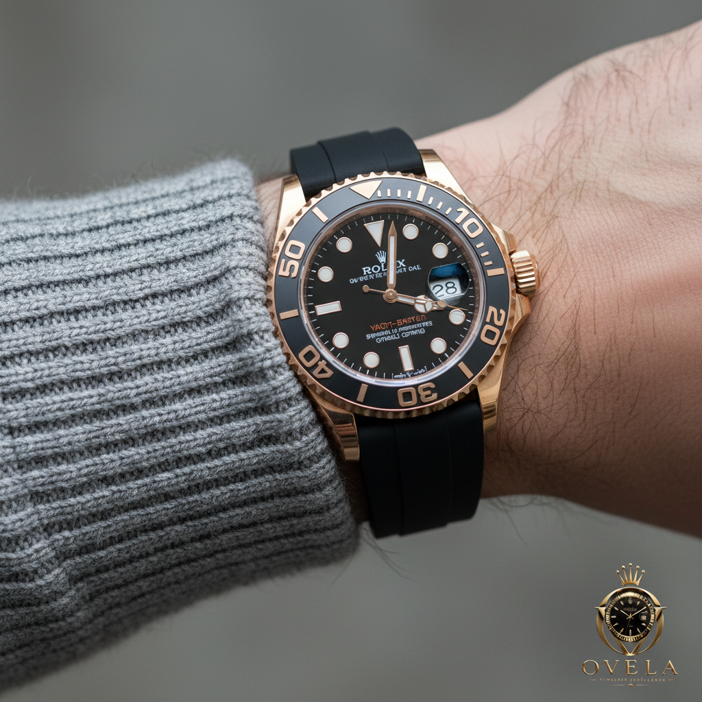 Rolex Yacht-Master Or Rose - Poignet pull gris avec logo OVELA