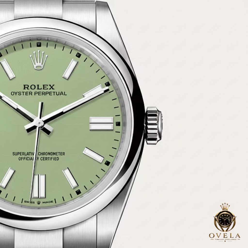 Rolex Oyster Perpetual Vert Pistache - Close-up cadran avec logo OVELA