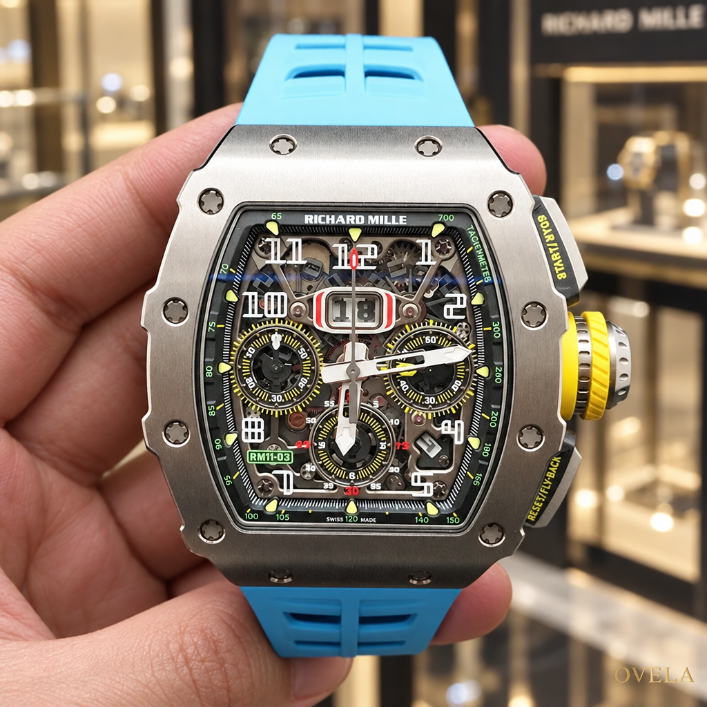 Richard Mille RM11-03 Titane bleu ciel tenu en main boutique