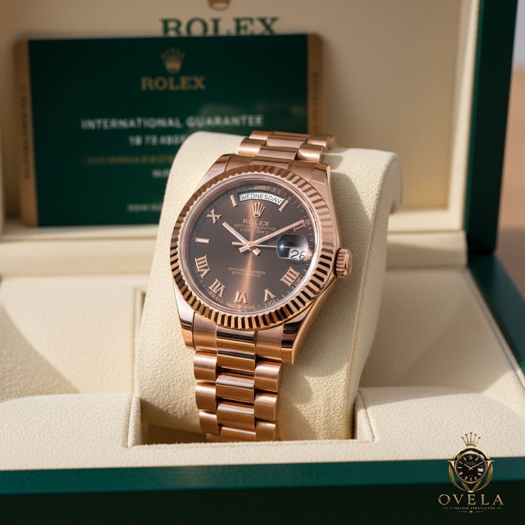 Rolex Day-Date Chocolat - Boîte face avec logo OVELA