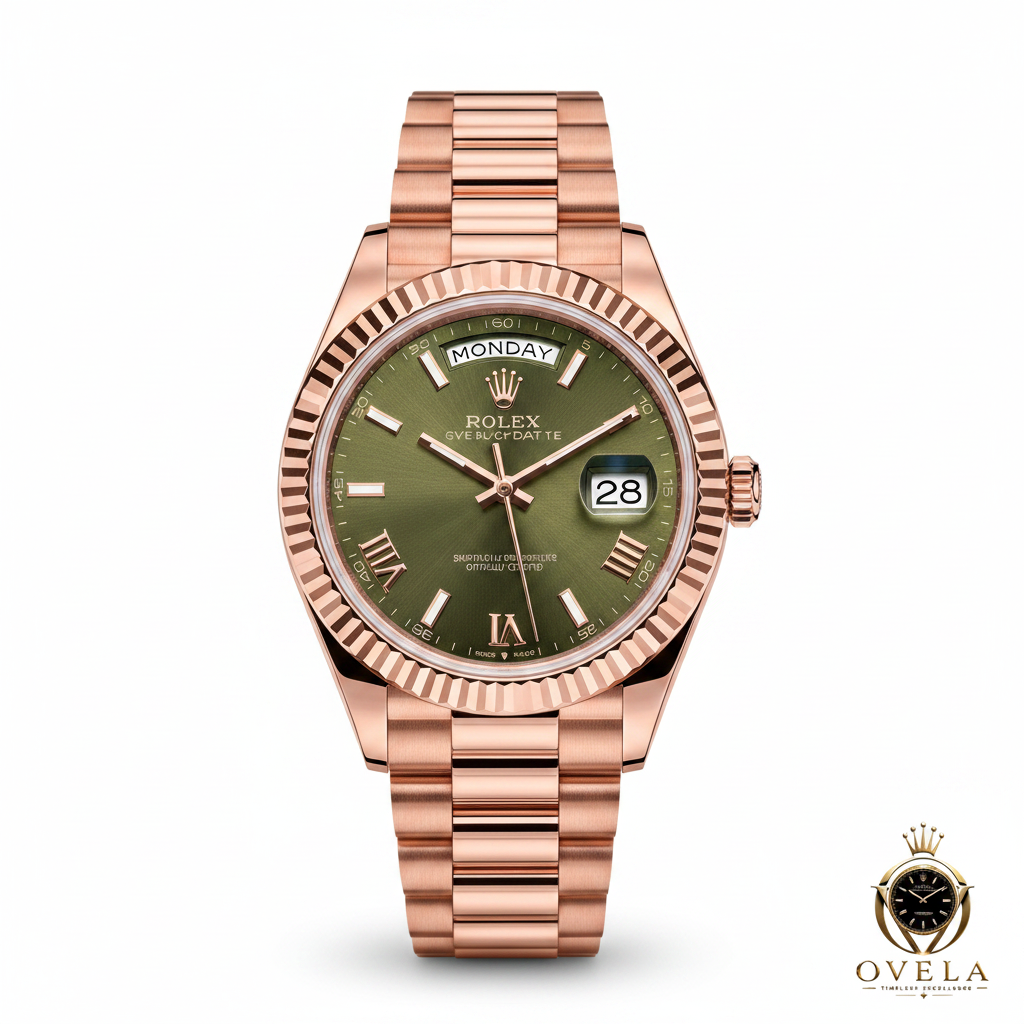 Rolex Day-Date Vert Olive - Fond blanc avec logo OVELA