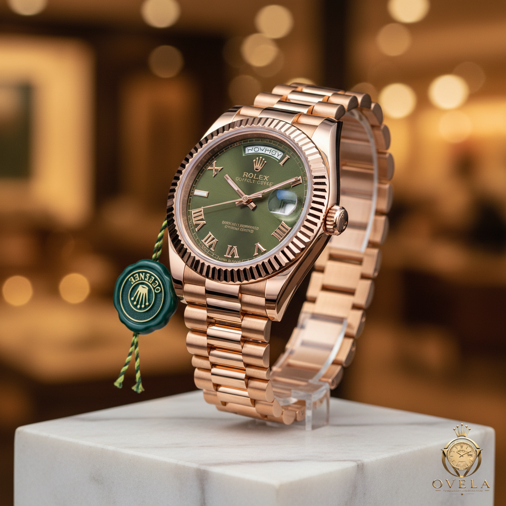 Rolex Day-Date Vert Olive - Vue 3/4 socle avec logo OVELA