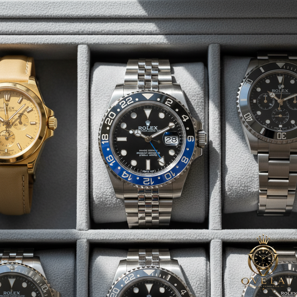 Rolex GMT Batman - Présentoir gris avec logo OVELA