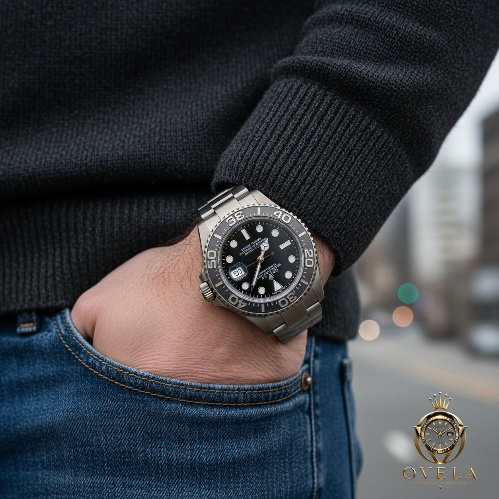 Rolex Yacht-Master Titanium - Poignet pull noir avec logo OVELA