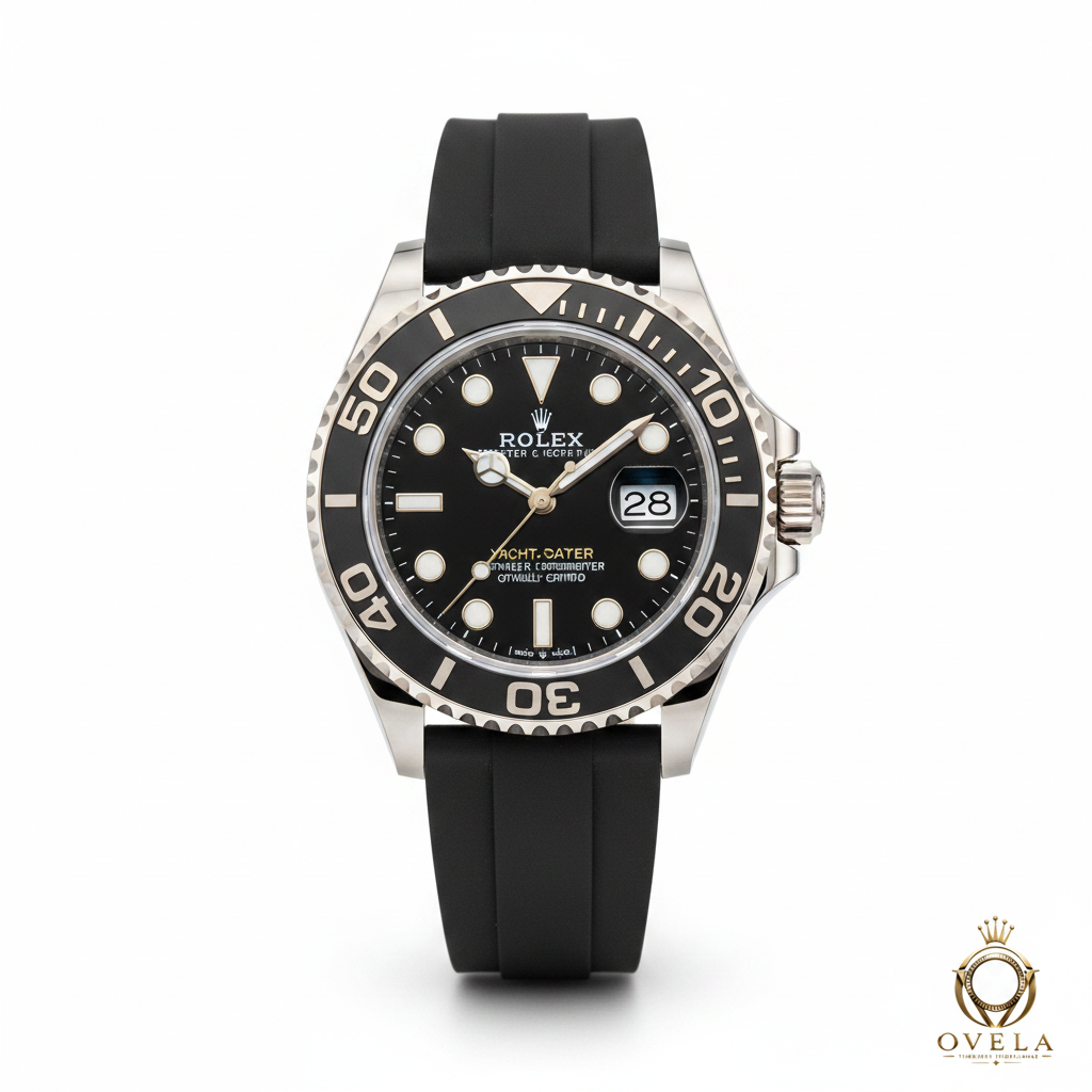 Rolex Yacht-Master Or Blanc - Fond blanc avec logo OVELA